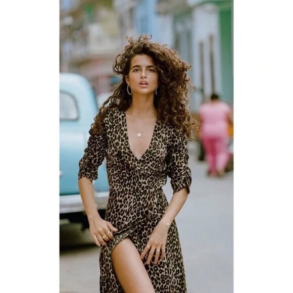 Faithfull The Brand Leopard Print Wrap Midi Dress Size 2 - Picture 2 of 5